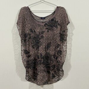 LAVISH Tunic Womens Large Y2K Purple Black Lace Floral Knit Embellished USA
